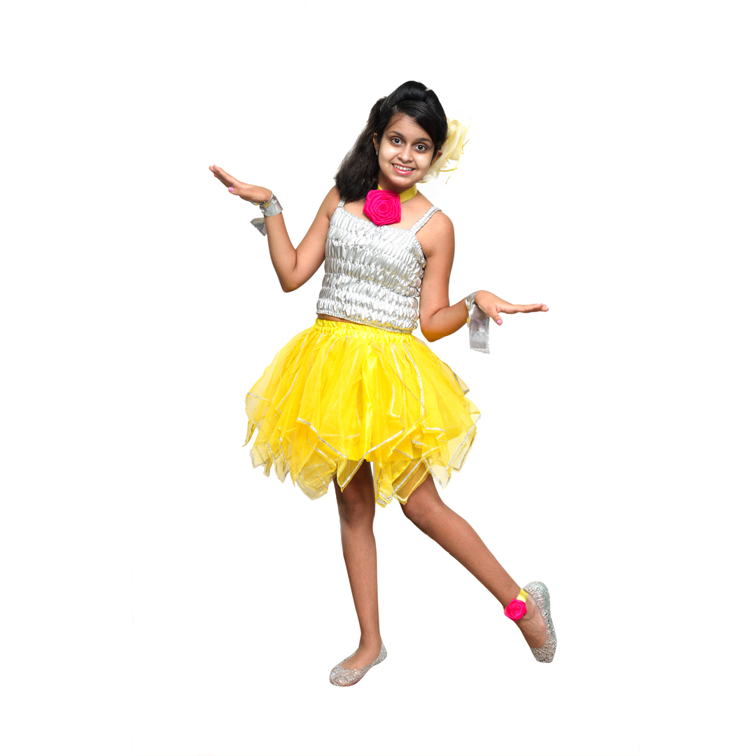 Western Dance Dress for Girls – Yellow & Silver Skirt Top Outfit for Kids